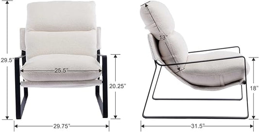 Mid-Century Accent Chair, Comfy Sherpa Fabric Side Chair with Armrest, Upholstered Leisure Chair with Black Metal Frame for Living Room Bedroom Reception Room, White