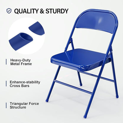 VINGLI Folding Chairs All Steel Metal Frame, Capacity 350 lbs, Durable Portable and Versatile for Indoor Outdoor Use, Navy Blue, Set of 4