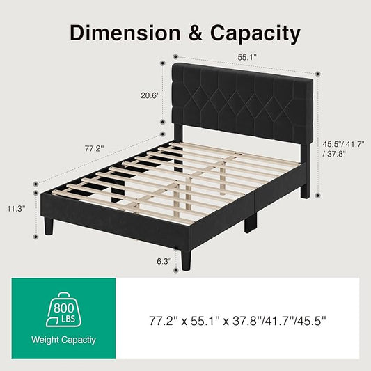 Novilla Full Size Bed Frame, Full Bed Frame with Headboard, Velvet Upholstered Pull-Point Headboard, No Box Spring Needed, Heavy Duty Feet, Easy Assembly, Black Velvet