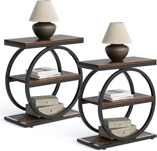LITTLE TREE End Table Set 2, Side Table with 3 Tiers Shelves, Slim Sofa Side Table for Living Room, Tall Bedside Table Nightstand for Bedroom, Rustic Brown and Black