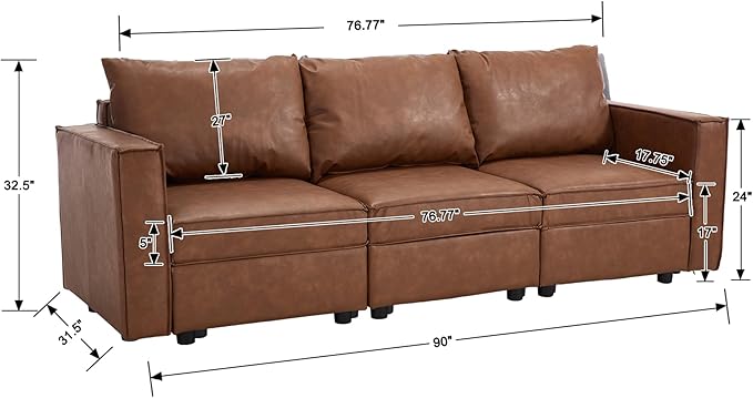 3 Seater Brown Leather Modular Sectional Sofa, 90 inch Cloud Modular Sectional Couch, Modern Convertible Comfortable Sofa for Living Room/Apartment