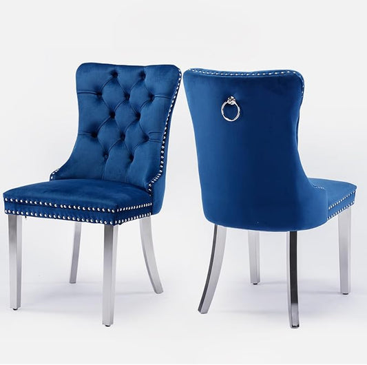 Velvet Upholstered Dining Chairs Set of 2, Modern Style Kitchen Side Chairs with Nailhead Trim and Silver Plated Leg, Metal Pulling Ring for Dining Room Living Room(Blue-Silver Plated Leg)