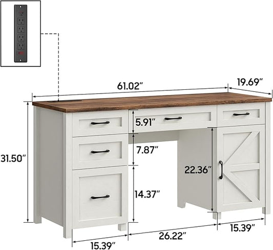 Farmhouse 61'' Executive Desk with 5 Drawers, Rustic Office Desk Computer Desk with Charging Station, File Drawers and Storage Cabinet, Wood Workstation for Home Office and Study, Unique White