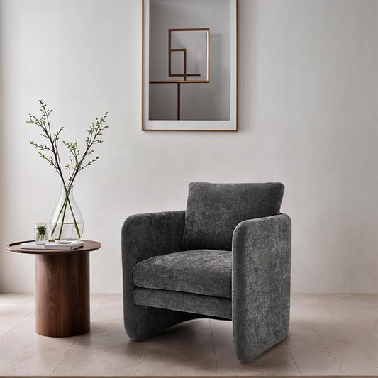 Modern Barrel Accent Chair, Single Sofa Chair with Removable Back Pillow, Comfy Chenille Upholstered Reading Accent Chair Lounge Armchair for Bedroom Living Room, Grey