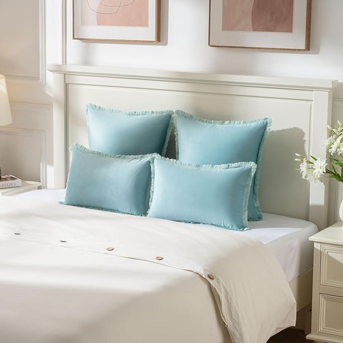 FUTEI Aqua Velvet Decorative Throw Pillow Covers 18x18 Set of 2,Soft Cozy Edge with Tassels Cushion Case,Boho Modern Home Decor for Couch Bed Living Room