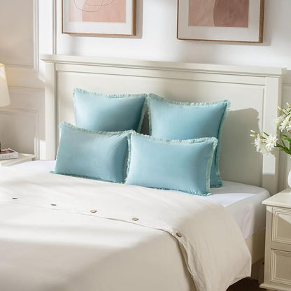FUTEI Aqua Velvet Decorative Throw Pillow Covers 18x18 Set of 2,Soft Cozy Edge with Tassels Cushion Case,Boho Modern Home Decor for Couch Bed Living Room
