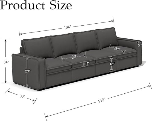 EALSON 119" Modular Sectional Sofa Modern Comfy 4-Seater Couch Sofa Linen Fabric Upholstered Cloud Couches with 24" Deep Seat and Wooden Legs for Bedroom/Living Room/Office, Grey