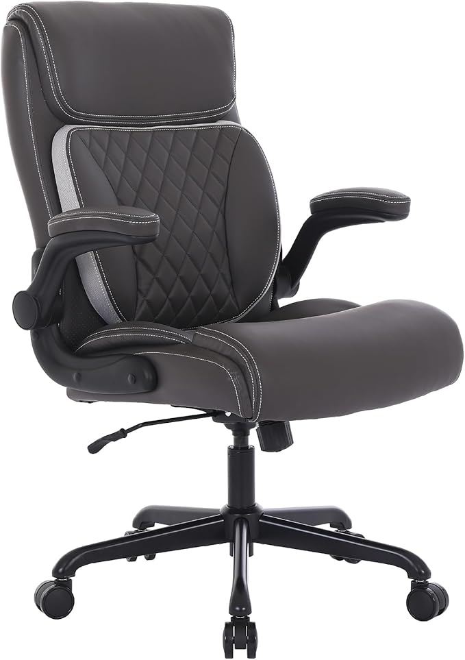 Youhauchair Executive Office Chair, Ergonomic PU Leather Computer Desk Chair with Lumbar Support, Flip-up Armrests and Adjustable Height, for Home Office, Brown