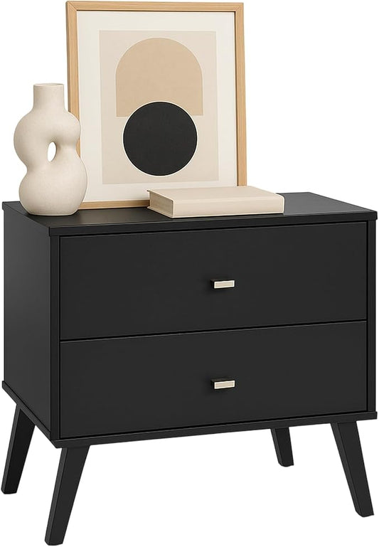 Prepac Milo Mid-Century Modern 2 Drawer Nightstand, Bedside Table, Contemporary Bedroom Furniture, 16"D x 25"W x 25"H, Black