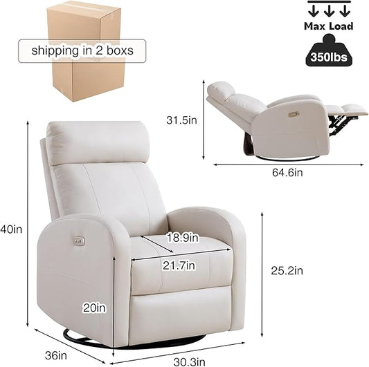 Power Swivel Rocker Recliner, Faux Leather Rocking Recliner Chair with USB Port, Swivel Glider Reclining Chair Nursery Recliners for Living Room, Beige