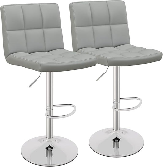 COSTWAY Bar Stools Set of 2, Modern Swivel Adjustable Height PU Leather Barstools with Back, Square Armless Counter Height 2-Pack Bar Chair for Kitchen Island Dining Living Bistro Pub Counter, Grey