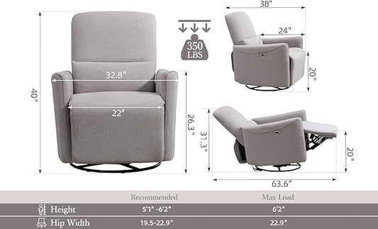 Power Swivel Recliner Chair, Faux Leather Glider Electric Rocking Chair for Adults. Nursery Rocker Single Sofa Chair with Lumbar Support for Living Room. Dual-Port Charging: Type-C&USB, Grey