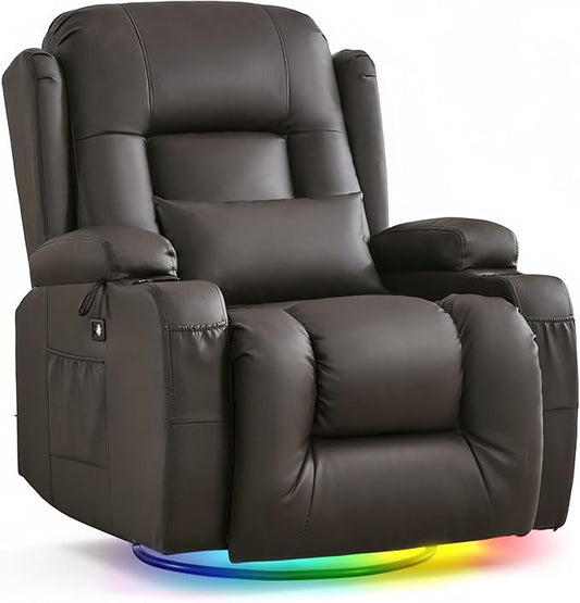 URRED Rocker Recliner Chair for Adults, 270° Swivel Glider Reclining Single Sofa with LED Ambient Light, Cup Holders and Side Pockets, Faux Leather Recliner for Living Room or Home Theater, Brown