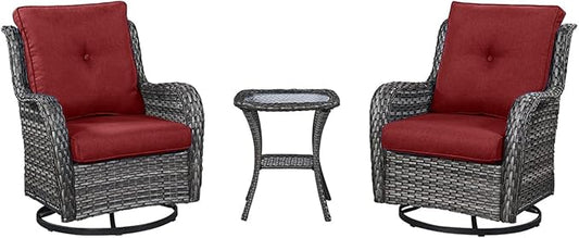 HUMMUH 3-Piece Swivel Rocking Rattan Chair Outdoor, Patio Bistro Furniture Conversation Set, Cushioned Wicker Chair with Glass Coffee Table(Grey, Red)