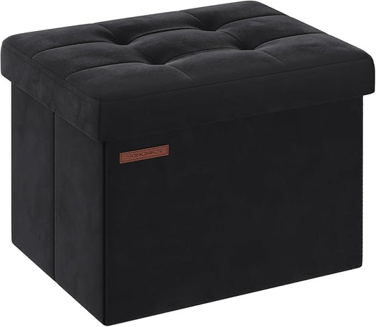 SONGMICS Storage Ottoman, Foldable Small Ottoman Foot Rest, 12.2 x 16.1 Inches Foot Stool, Ottoman with Storage, Load up to 286 lb, for Living Room, Bedroom, Dorm, Ink Black ULSF200B01