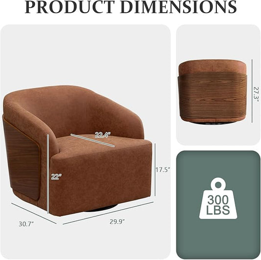 Swivel Accent Chair Faux Leather Swivel Barrel Chair Comfortable Mid Century Modern Chair Upholstered Metal Base Armchair for Living Room Bedroom Office Large Vintage Brown