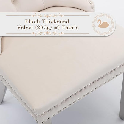 Velvet Upholstered Dining Chairs Set of 6, Modern Style Kitchen Side Chairs with Nailhead Trim and Silver Plated Leg, Metal Pulling Ring for Dining Room Living Room