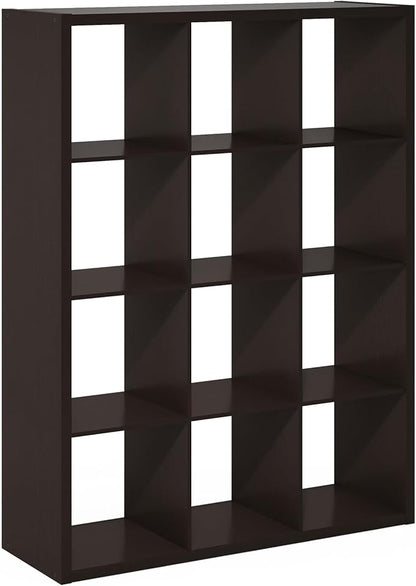Furinno Cubicle Book Shelf, 12-Cube Thick Frame Bookshelf, Reversible Bookcase with Open Back, 14.6 x 43.8 x 58, for Living Room, Bedroom, Home Office, Black Dark Oak