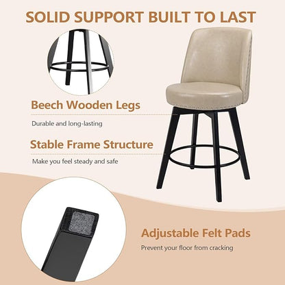 MINCETA Bar Stools Set of 4, PU Leather Barstools, 26 Inch Upholstered Counter Stools with High Back and Footrest, Swivel Counter Height Barstools for Kitchen Island Home Bar Khaki