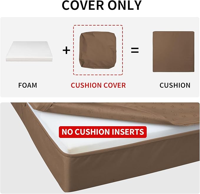 Easy-Going Waterproof Patio Cushion Covers ONLY Cover 22x20x4 inch 2 Pack Replacement Non-Slip Outdoor Seat Cushion Slipcover with Zipper. Brown