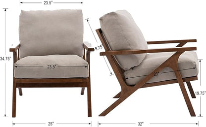 Wahson Set of 2 Mid Century Chair, Upholstered Accent Armchairs, with Wood Frame and Canvas Cushions, Leisure Slipper Chair for Living Room/Bedroom, Beige