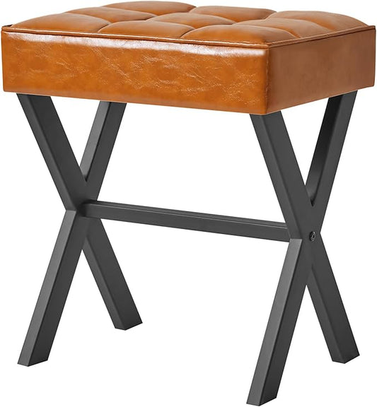 IBUYKE Square Makeup Stool with X-Leg Foot Rest, PU Footrest, Ottoman Seat, Multi-Use as Small Side Table, for Bedroom, Living Room, Light Brown LG-71J