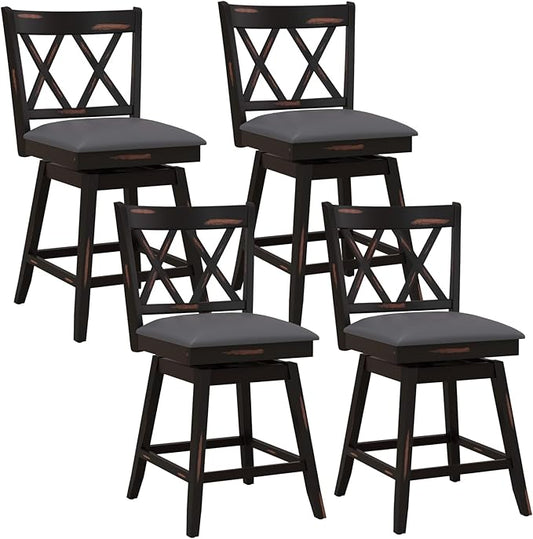 COSTWAY Bar Stool Set of 4 for Kitchen Island, 25" Counter Height Chair with Ergonomic Backrest, Foot Rest, Waterproof PVC Surface & Solid Wood Structure, 360°Swivel Farmhouse Barstool with Back