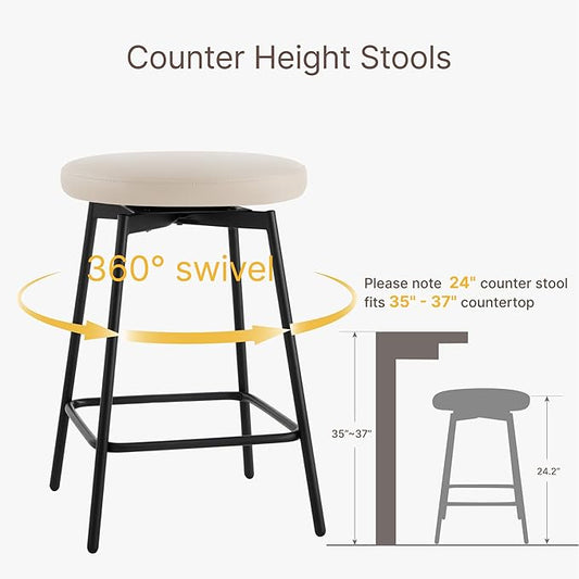 Swivel Bar Stools Set of 4, 24" Counter Height Bar Stool, Backless Barstools with Faux Leather Upholstered Seat&Sturdy Wood Legs for Kitchen Island, Beige