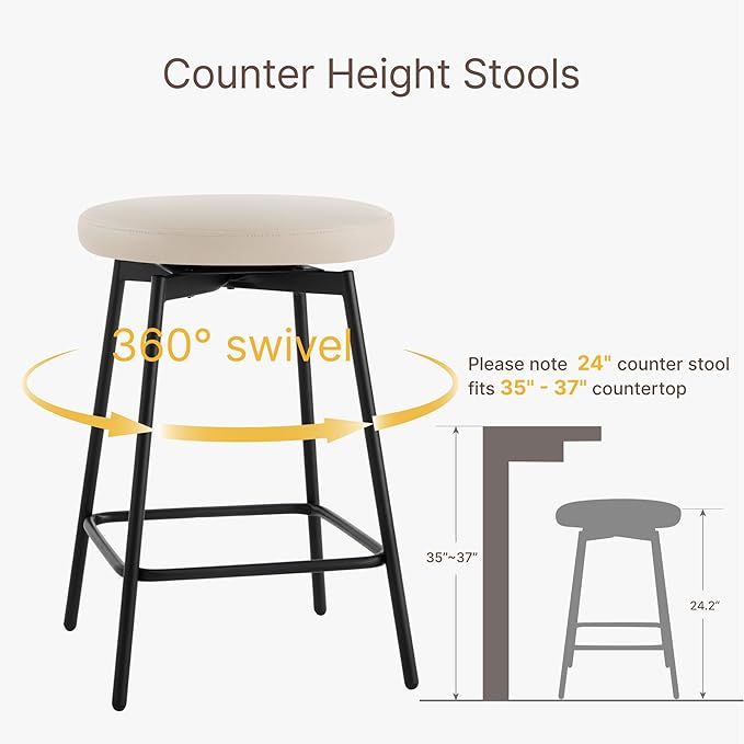 Swivel Bar Stools Set of 3, 24" Counter Height Bar Stool, Backless Barstools with Faux Leather Upholstered Seat&Sturdy Wood Legs for Kitchen Island, Beige