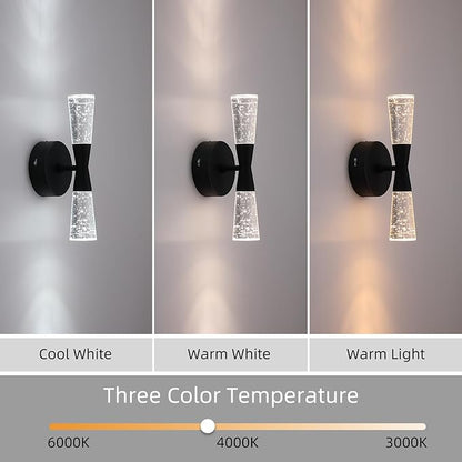 JoollySun Black Wall Sconce Crystal: Dimmable 3-Color (3000K-6000K) LED Bathroom Lighting for Hallway Bedroom Decorative