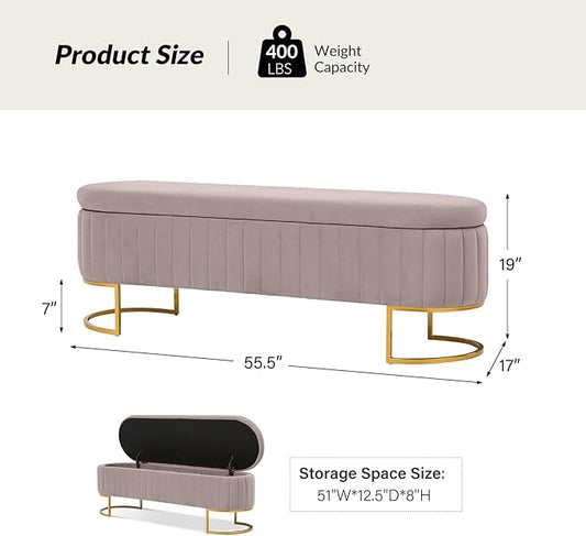 EcoHarbor Living 55.5" Storage Bench Ottoman End of Bed Bench Bedroom Bench, Upholstered Velvet Long Window Bench Large King Size with Gold Legs, Flipping Lid Entryway Footrest (Pink)