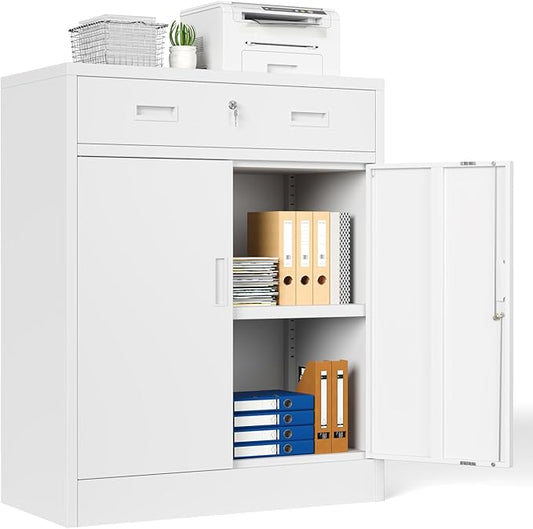 Metal Storage Cabinet with Drawer, 36" H White Locking Metal Cabinet, Adjustable Shelf File Cabinet Cabinet with Doors for Home Office, Garage, Warehouse, Laundry Room, Basement