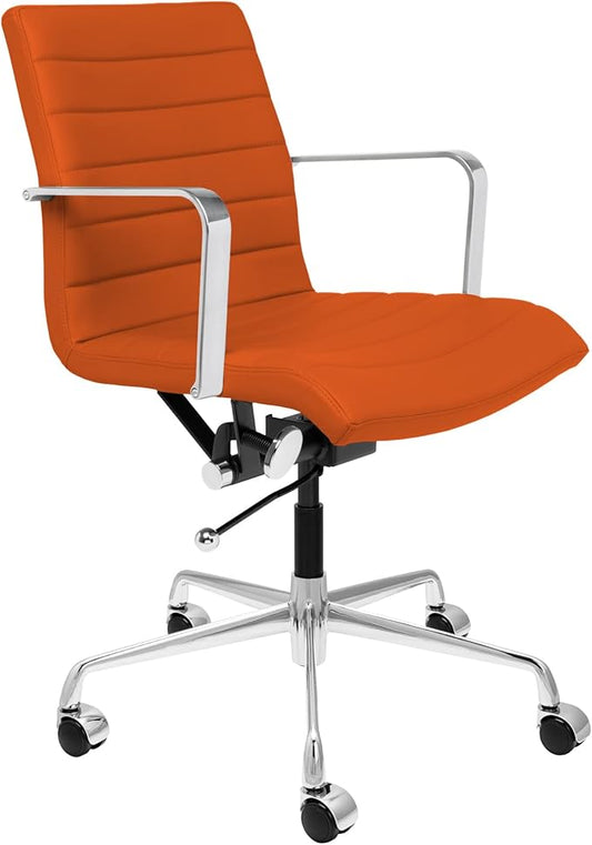 Laura Davidson Furniture SOHO II Ribbed Office Chair - Mid Back Desk Chair, Ergonomically Designed with Arm Rest & Swivel, Made of Faux Leather, Orange, Computer Chair