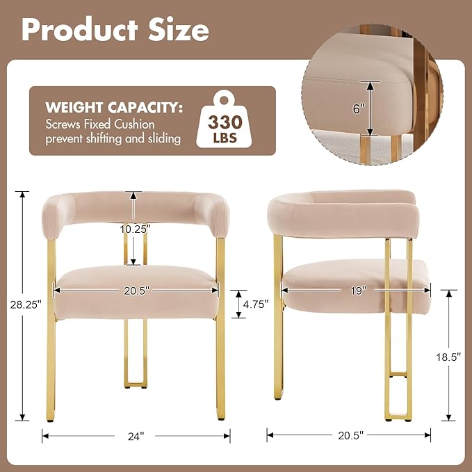 Velvet Dining Chairs Set of 2, Khaki Upholstered Barrel Armchairs with Gold Metal Legs for Kitchen Island, Mid Century Modern Accent Side Chairs for Dining Room and Living Room, Open-Back