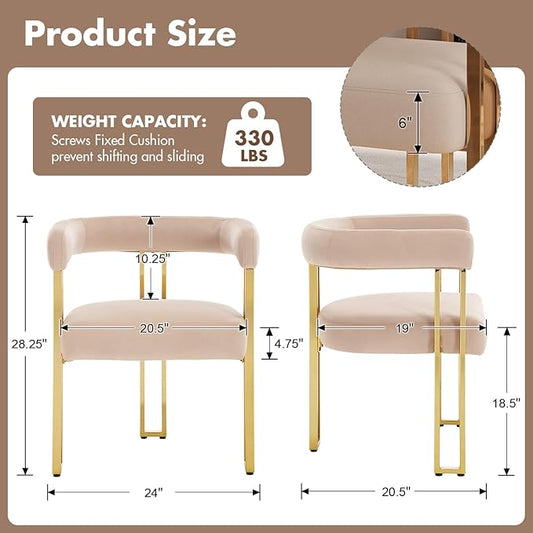 Velvet Dining Chairs Set of 2, Khaki Upholstered Barrel Armchairs with Gold Metal Legs for Kitchen Island, Mid Century Modern Accent Side Chairs for Dining Room and Living Room, Open-Back