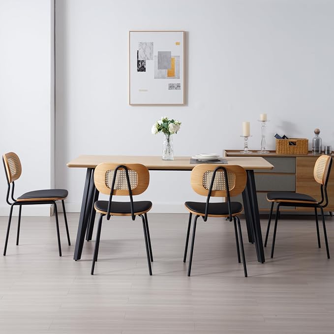 Mid-Century Modern Rattan Cane Back Dining Chairs Set of 6 — PU Leather Upholstered Seat, Black Metal Legs, Kitchen Side Chairs for Kitchen & Dining Room, Black