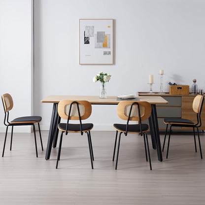 Mid-Century Modern Rattan Cane Back Dining Chairs Set of 6 — PU Leather Upholstered Seat, Black Metal Legs, Kitchen Side Chairs for Kitchen & Dining Room, Black