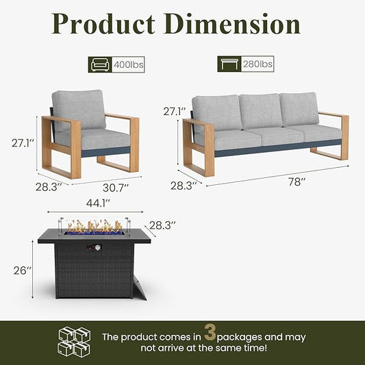 LayinSun 4 Pieces Aluminum Patio Furniture Set with Fire Pit Table, Oversized Seat with Hight Back, Outdoor Conversation Sets for Porch, Balcony, Deck