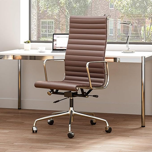 Ribbed Office Chair Top Grain Leather Desk Chair High Back Genuine Leather Swivel Chairs with Aluminum Alloy Arms & Base, with Silent Nylon Wheels, High Adjustable and Tilting Function, Brown