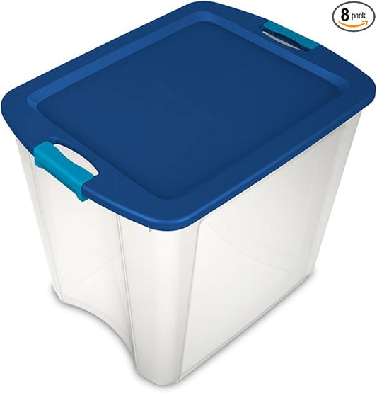 Sterilite 8-Pack Latch and Carry, Clear Plastic Storage Bins with Latching Lids and Full-Grip Handles, 27 Gallon
