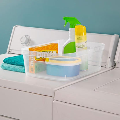 Sterilite 5.25 x 12.25 x 15 Inch Medium Modern Storage Bin w/Comfortable Carry Through Handles & Banded Rim for Household Organization, Clear 24 Pack