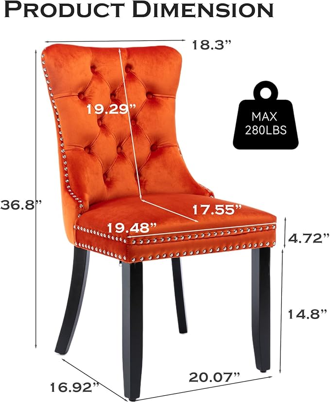 Velvet Upholstered Dining Chairs Set of 4, Modern Style Kitchen Side Chairs with Nailhead Trim and Wood Legs,Metal Pulling Ring for Dining Room Living Room(Orange,Set of 4)