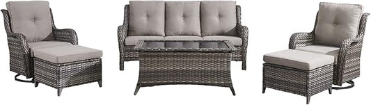 HUMMUH Patio Furniture 6 Pieces Outdoor Furniture Set Wicker Outdoor Sectional Sofa with Swivel Rocking Chairs,Patio Ottomans,Patio Coffee Table