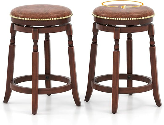 COSTWAY Round Swivel Wooden Bar Stools Set of 2, 24-inch Upholstered Backless PU Leather Farmhouse Counter Chairs with Footrest, Decorative Rivets for Kitchen Island, Dining Room, Walnut