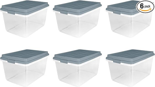 Hefty 72 Quart Hi-Rise Storage Bin with Lid, Stackable Plastic Container Tote for Home, Office, and Classroom Organization, 6 Pack, Smoke Blue