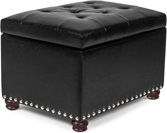 24'' Leather Storage Ottoman Rectangular Foot Rest Stool with Nailhead Trim Chests & Storage Room Organizer for Bedroom Living Room(Black)