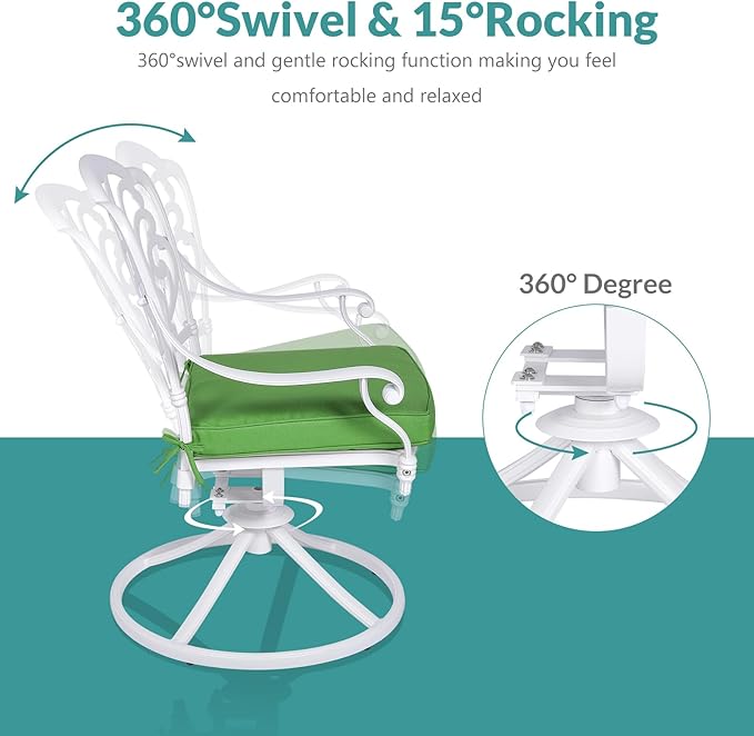 MEETWARM 9-Piece Outdoor Patio Dining Set, All-Weather Cast Aluminum Patio Conversation Set for Backyard Garden Deck with 8 Cushioned Swivel Rocker Chairs, 1 Oval Table, 2" Umbrella Hole, White