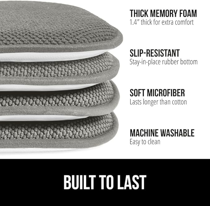 GORILLA GRIP Slip Resistant Chair Cushions, No Ties Required, Memory Foam Pads for Dining Room, Kitchen Table, Office, Rocking Chairs, Plush Seat Cover Cushion Pad, Home Decor, Set of 4, 16x16, Gray