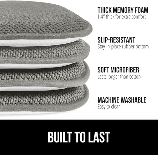 GORILLA GRIP Chair Cushions, Set of 8, 16x16, Memory Foam Pads for Dining Room, Kitchen Table, Office Desk, Rocking Chairs, Stay in Place Backing, Comfortable Microfiber Seat Cover Pad Cushion, Gray