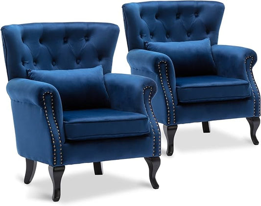 Accent Reading Arm Chairs Set of 2 for Living Room Bedroom, Midcentury Modern Comfy Corner Sofa Chair, Wingback Waiting Room Club Chair with Button Tufted Back &Lumbar Pillow, Velvet Blue